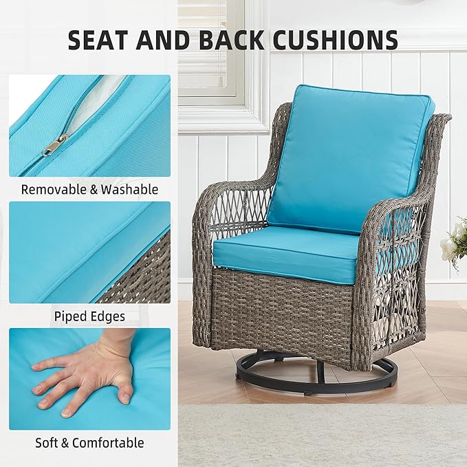 GarveeHome 3 Piece Outdoor Patio Set, Wicker Rocking Bistro Set with 2 Swivel Chairs & Tempered Glass Top Table, Rattan Outdoor Furniture with Cushions for Patio Porch Backyard