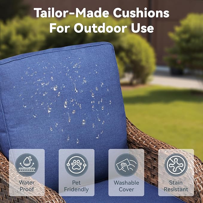 3 PCS Patio Furniture Set, 2 Outdoor Wicker Sofas with Coffee Table, 4-Inch Thick Olefin Cushions & Curved Armrests, 300 lbs Capacity Rattan Conversation Set for Porch, Garden, Blue