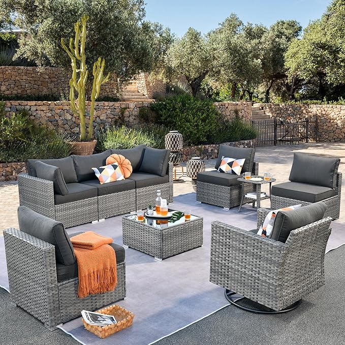 ovios Outdoor 9 Piece Coversation Set with Swivel Rocking Chair,Sectional Patio Furniture Set with All-Weather Wicker Sofa,Modern Outside Couch for Balcony Backyard Pool, Black