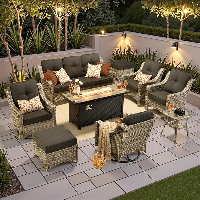 9 PCS Outdoor Patio Furniture Sets,Patio Conversation Sets Outside Rattan Soft Cushion Sofa with 2 Wicker Rocking Chairs & 54 in Fire Pit Table Fit Backyard Porch Garden Poolside Balcony,Black