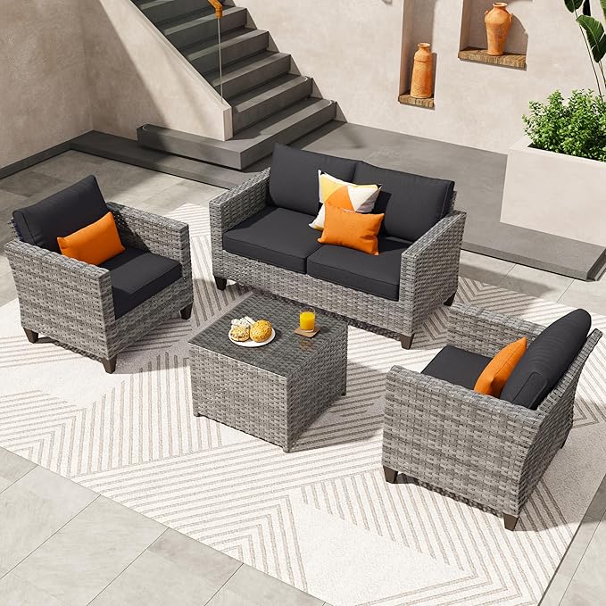 ovios 4 Pieces Patio Furniture Set, Outdoor Wicker Rattan Sofa Couch with Loveseat, Chairs, Glass Coffee Table, Conversation Sets for Yard Porch Garden, Black