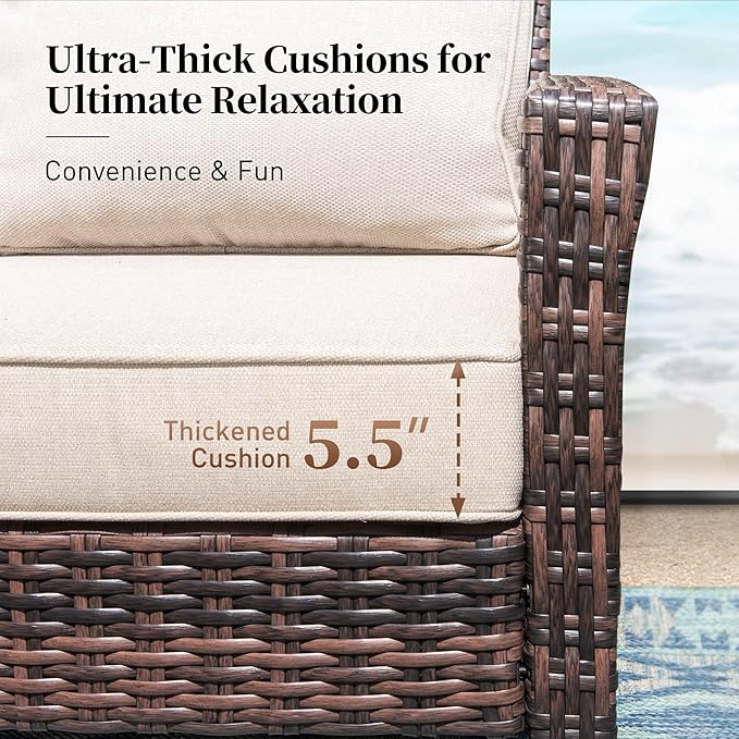 Patio Wicker Swivel Chairs Set of 2, Outdoor High Back Chairs with 5.5" Waterproof Cushions, Outdoor Furniture Set for Deck Porch and Yard, Beige