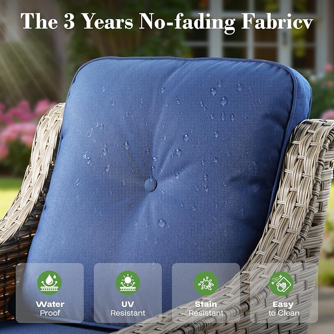 ovios 4 Piece Outdoor Patio Furniture with 3 Seat Sofa,Rattan Wicker Coversation Set with High Back,Sectional Single Sofa with Ottoman for Outside Porch Balcony Backyard Pool, Navy Blue