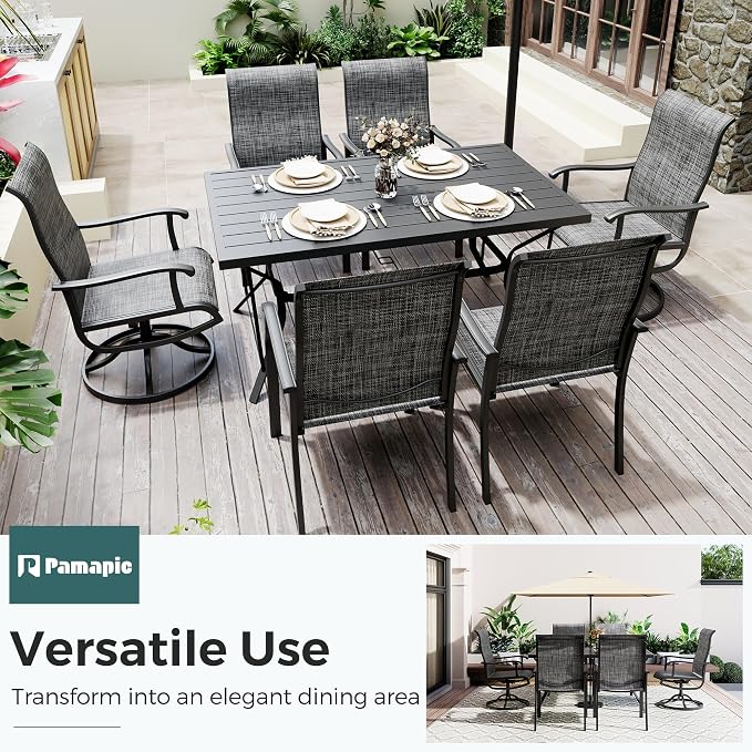 7-Piece Outdoor Dining Set, Patio Furniture Set with 2 Textilene Swivel Chairs & 4 Regular Chairs,Patio Dining Set with 1 Rectangular Table for Garden, Backyard, Poolside, Deck, Charcoal