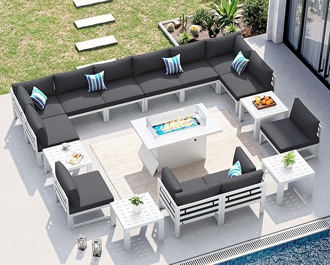 NICESOUL 17 Piece XL Aluminum Patio Sectional Furniture Set with Fire Pit Table Propane/Gas, 500 lbs Heavy Duty Outdoor Sofa, High End Conversation Set with Side Table for Poolside Yard, Dark Gray