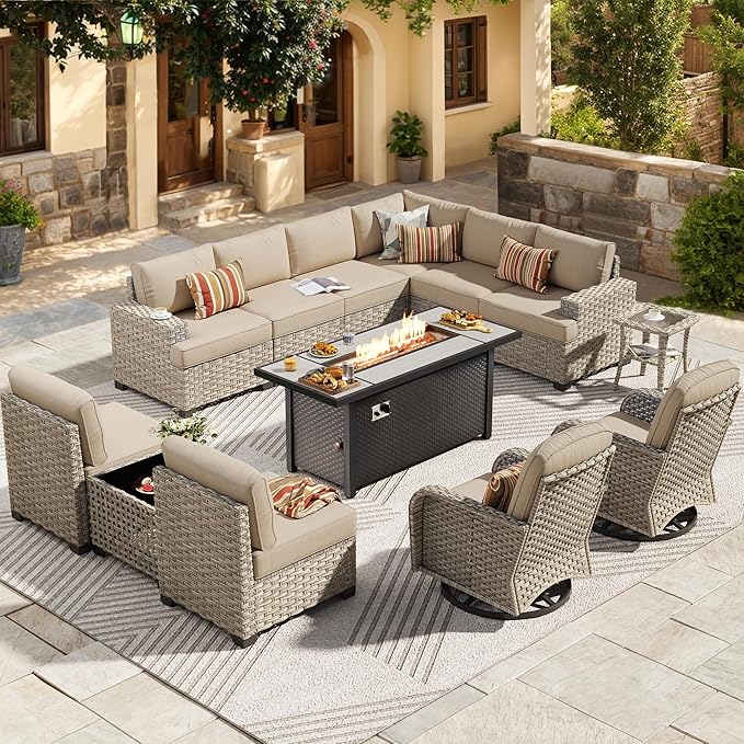 HOOOWOOO Outdoor Sectional Patio Furniture Set with Fire Pit Table,13 Pieces Wicker Conversation Sets L Shaped Couch,Extra Deep Out Door Sofa Outside Furniture with Swivel Rocking Chairs,Beige