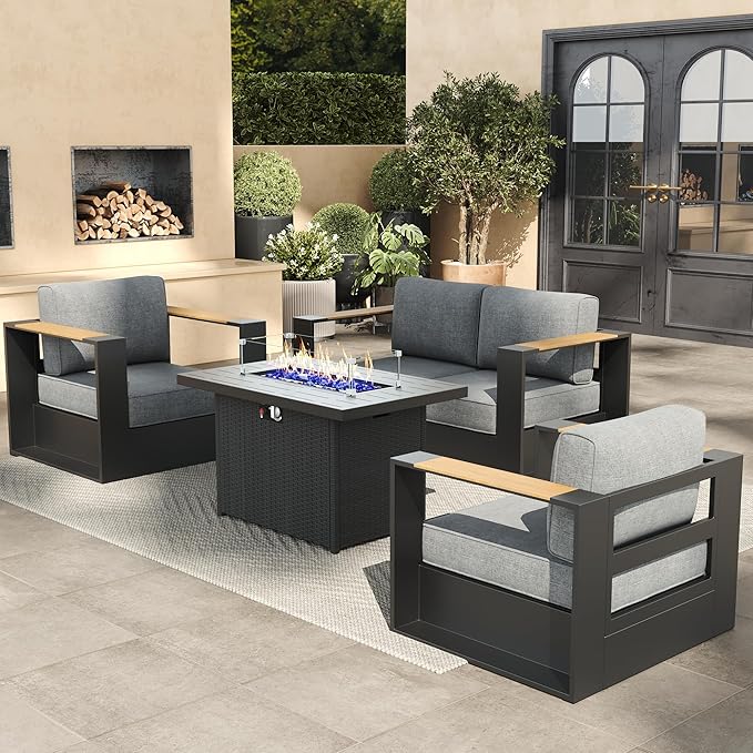 Aluminum Patio Furniture Set, 4 Seats Luxury Seating Furniture with 44" Fire Pit Table, All Weather Outdoor Conversation Sets with 6" Thickened Cushions