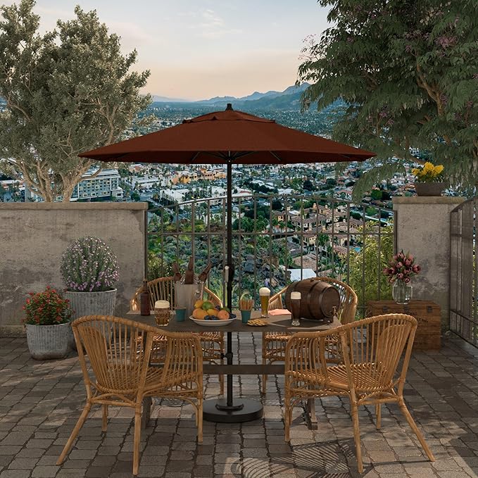 California Umbrella 7.5' Rd Aluminum Patio Umbrella, Crank Lift, Auto Tilt, Black Finish, Terracotta