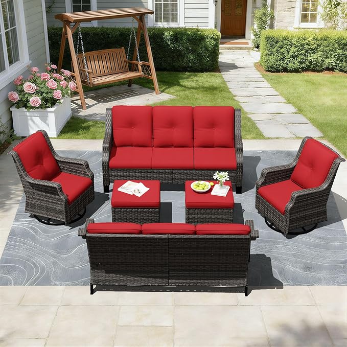 Outdoor Patio Furniture Set, 6 Piece Wicker Patio Furniture with Thick Cushions, Curved Armrest, Deep Seating, Rattan Outdoor Chairs for Porch, Deck, Balcony