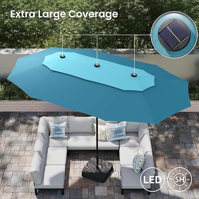 PHI VILLA 15ft 2-Tier Large Patio Umbrella with Solar Lights, Double-Sided Outdoor Market Rectangle Umbrellas with 36 LED Lights, Umbrella Base (Stand) Included, Blue&Cerulean
