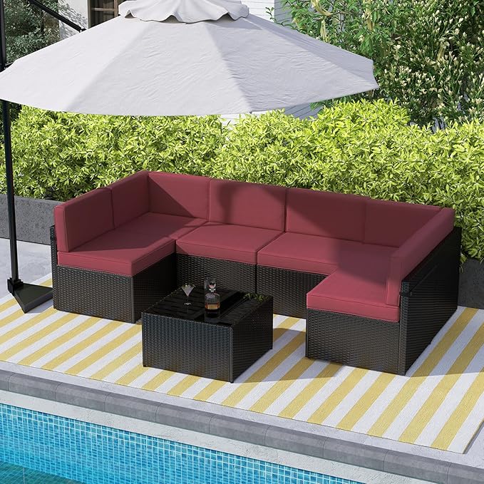kinbor 7-Piece Outdoor Sectional Patio Furniture Set - Black PE Wicker Outdoor Couch with Thick Cushions, Luxury Patio Set for Backyard, Poolside, Porch, Burgundy