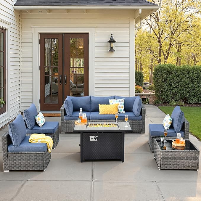 8 PCS Outdoor Patio Furniture Sets with 42'' Fire Pit Table,Wicker Weather Resistant Patio Conversation Set with Comfy Cushions,Modular L Shaped Sofa with Coffee Table for Yard,Denim Blue