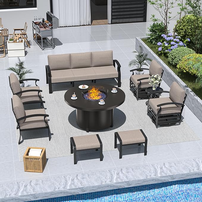 ALAULM Aluminum Patio Furniture Set with Round Propane Fire Pit Table 9-seat Metal Outdoor Furniture w/Swivel Chairs & 2 Ottomans Patio Sectional Sofas for Porch, Lawn, Poolside（Sand
