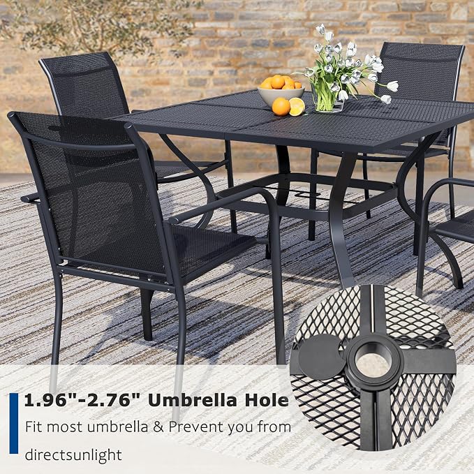 5 Piece Outdoor Dining Set, Patio Table and Chairs Set of 4, 37.5" Black Square Patio Table with 4 Black Stackable Patio Chairs for Lawn, Garden, Porch