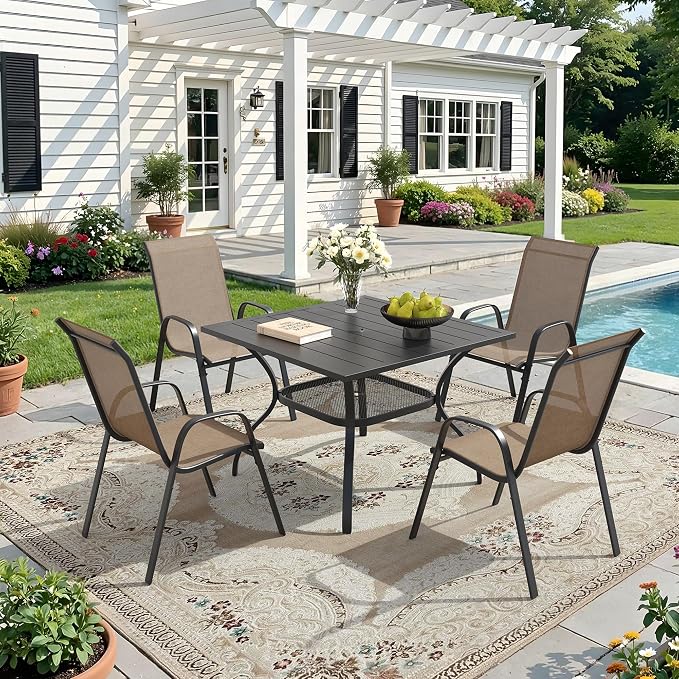 DIFY 5 Piece Outdoor Dining Set, 38" Black Square Metal Patio Table and Brown Textilene Stackable Chairs for 4, All Weather Patio Furniture Set with Umbrella Hole for Backyard Garden Deck