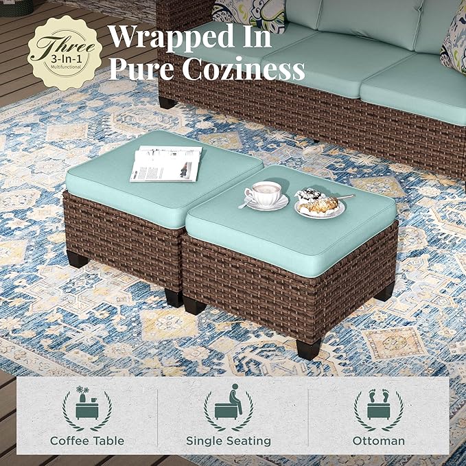 Swivel Glider Patio Furniture Set, 8 Pcs Wicker Rattan Outdoor Conversation Set, 2 x Swivel Chairs, 2 x Leg Chairs, 1 x 3 Seater Sofa and 2 x Ottomans and 56" Fire Pit Table, Blue