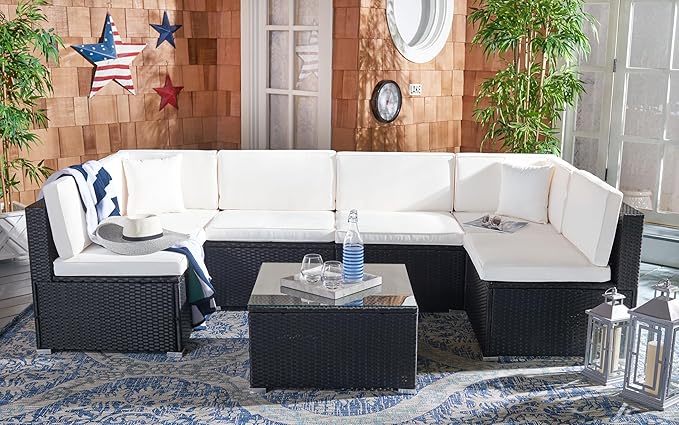 SAFAVIEH Outdoor Sectional Diona Black/White Outdoor Living Set