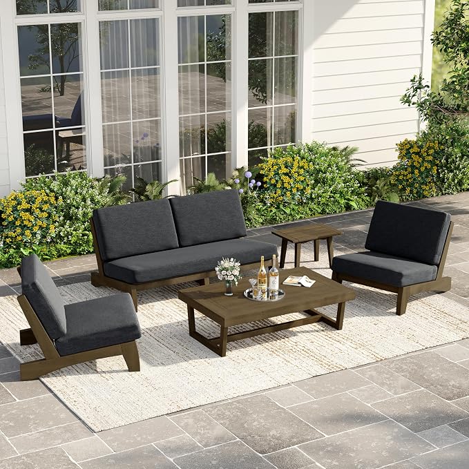 4 Piece Wood Outdoor Patio Frutnire Set, 5 Seater Patio Conversation Sets with Thick Cushions, Outdoor Sectional Furniture with Coffee Table - Dark Gray