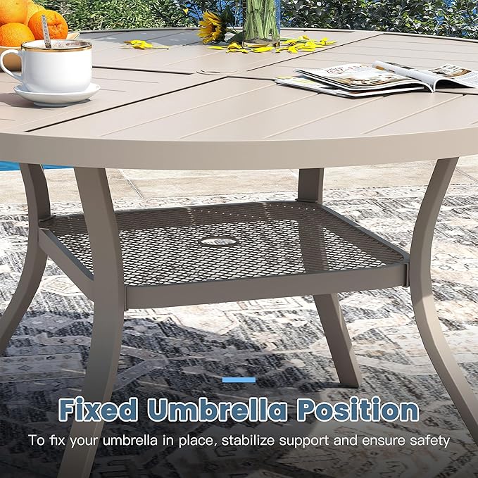 DIFY Patio Dining Set for 6, 7 Piece Outdoor Table and Chairs Set, 47.2" Round Metal Patio Dining Table and 6 Textilene Stackable Patio Chairs, for Backyard Garden Poolside, Sandshell