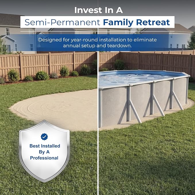 Blue Wave Belize 12x24-ft Oval 52-in Deep Hard Sided Steel Frame Above Ground Pool with 6-in Steel Top Seats, 0.5 HP Sand Filter System, Ladder, Skimmer & Liner – 6,300 Gallon Cap for Family Use