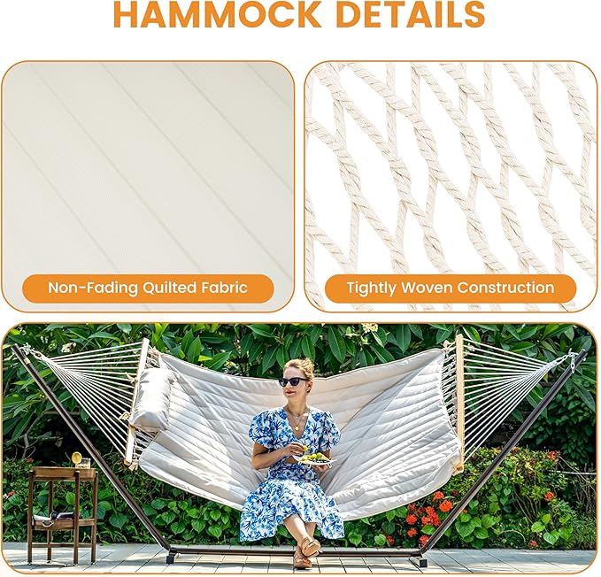 Lazy Daze Hammocks Rope Hammock with Pad, Spreader Bar, Carabiners, Tree Straps, Chains for Outside Patio- Max 450 Lbs, Cream