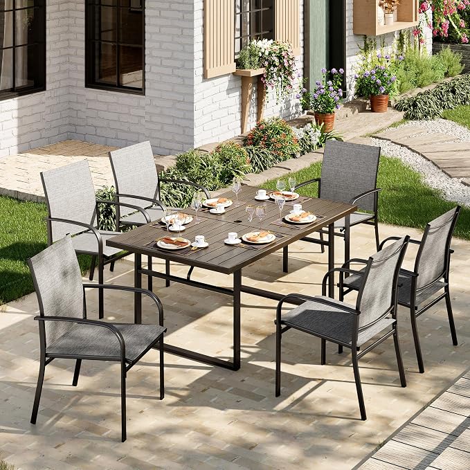 MIXPATIO 7-Piece Outdoor Dining Set 6 Brown Textilene Chairs and Steel Tabletop with Wood Grain Rectangle Table for Deck Garden Backyard Lawn Poolside