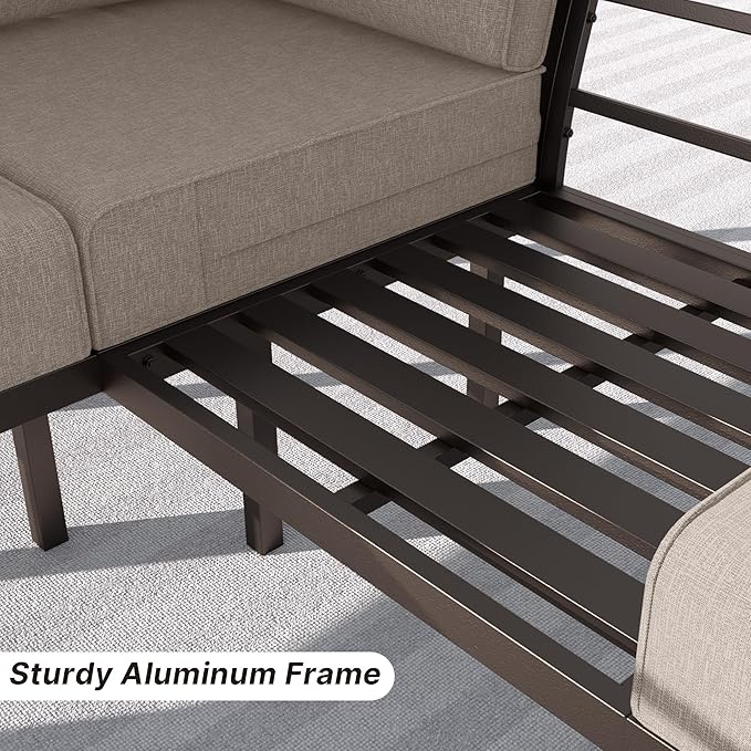 Gotland Aluminum Patio Furniture Set, Metal Outdoor Furniture with 2 Ottomans 5.1’’ High-Resilience Seat Cushions, 5 Piece Patio Set, Oversized Outdoor Sectional Patio Conversation Sets, Khaki