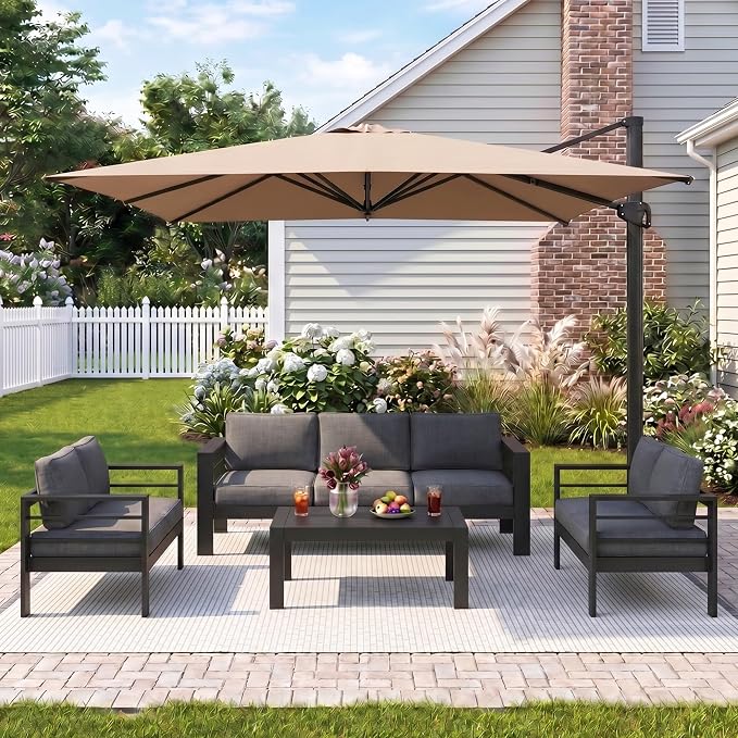 Wisteria Lane 5 Pieces Aluminum Patio Furniture Set with Umbrella, All Weather Oversized Outdoor Furniture Set with Deep Seat and Back Cushion, Patio Conversation Sets with Wide armrest, Gray & Kahki