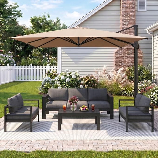 Wisteria Lane 5 Pieces Aluminum Patio Furniture Set with Umbrella, All Weather Oversized Outdoor Furniture Set with Deep Seat and Back Cushion, Patio Conversation Sets with Wide armrest, Gray & Gray
