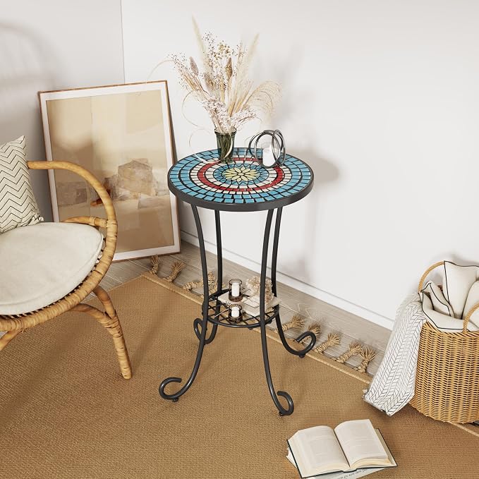 Patio Side Table, Round Ceramic Top, Blue Floral