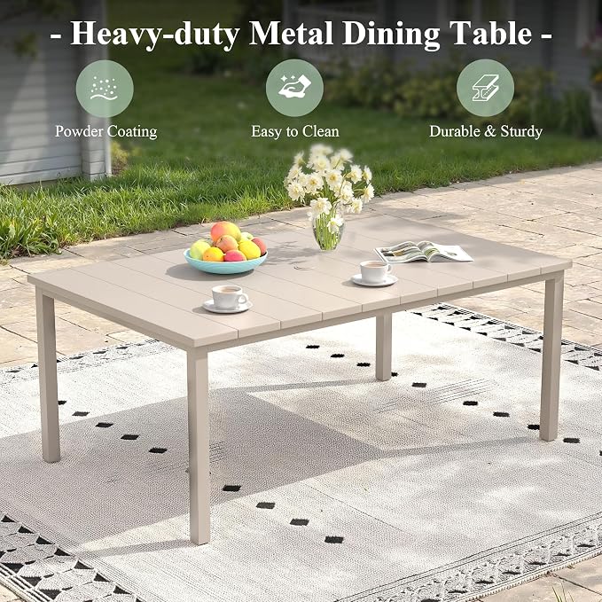 7 Pieces Patio Dining Set, 6 Outdoor Swivel Dining Chairs with 63" Rectangle Metal Outdoor Dining Table with Umbrella Hole for Garden Backyard Deck, Sandshell