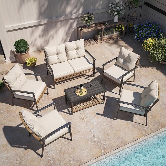 LAUSAINT HOME 6 Pieces Patio Conversation Set, Comfortable Oversized Outdoor Furniture Set with Soft Cushion and Storage Metal Coffee Table for Backyard, Porch, Garden and Poolside, Beige