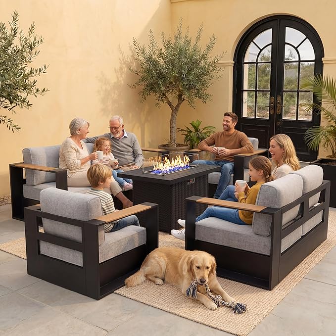 Aluminum Patio Furniture Set, 5 Seats Luxury Seating Furniture with 44" Fire Pit Table, All Weather Outdoor Conversation Sets with 6" Thickened Cushions