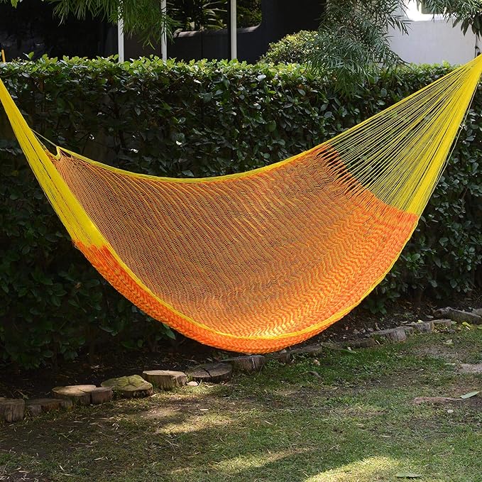 NOVICA Bright Orange Yellow Hand Woven Nylon Mayan 2 Person XL Rope Hammock, 'Daffodil Dreams' (Double)