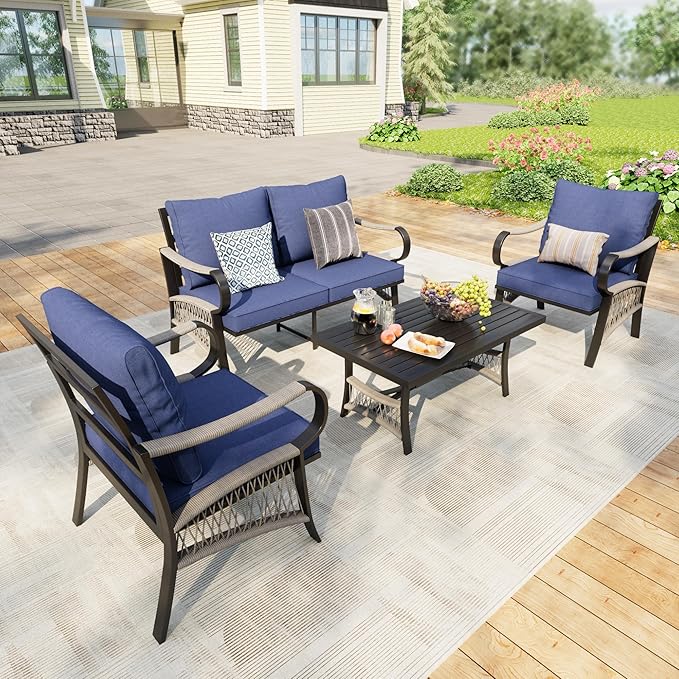 4 Pieces Patio Furniture Set, Metal Outdoor Conversation Sets with Coffee Table, Modern Couch Sofa Set Includes Single Chairs and Loveseat Seating Group (Thick Blue Cushions)