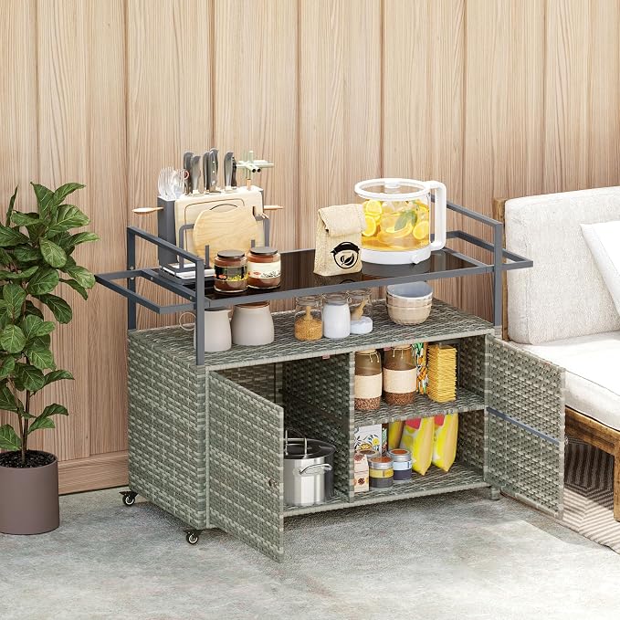 Outsunny PE Rattan Outdoor Storage Cabinet, Wicker Outdoor Bar Table Kitchen Island with Wheels & 2-Tier Shelf, Patio Serving Cart with Glass Top, Handles, Towel Racks for Poolside, Mixed Gray