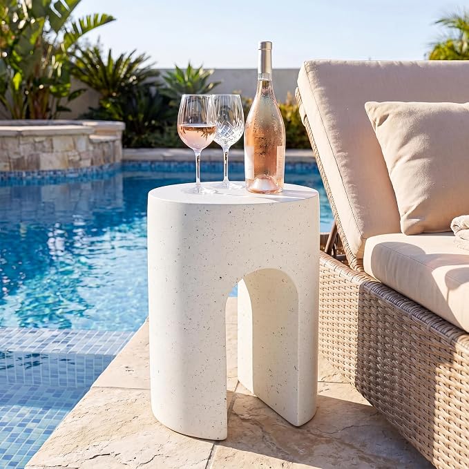 Outdoor Side Table Faux Marble Concrete End Tables Small Stone Bench Patio Garden Stool Plant Stand for Backyard Balcony,Weather Resistant, MgO,15.75inch White