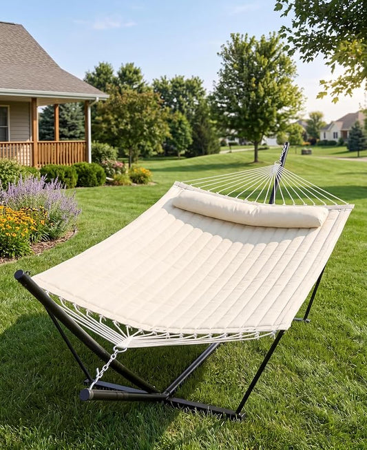 IDEALHOUSE Double Hammock with Stand, 2 Person Outdoor Hammock, 450 Lb Capacity, Pillow Included, 12 ft Stand for Patio, Backyard, Poolside, Beige