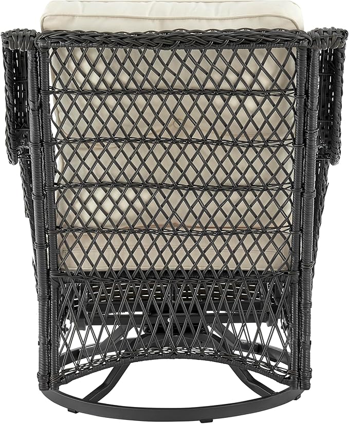 Manhattan Comfort Fruttuo 3-Piece Patio Conversation Set, Swivel Steel Rattan Chairs with Removable Cushions & Tempered Glass End Table, Weather-Resistant Outdoor Furniture for Backyard & Porch, Cream