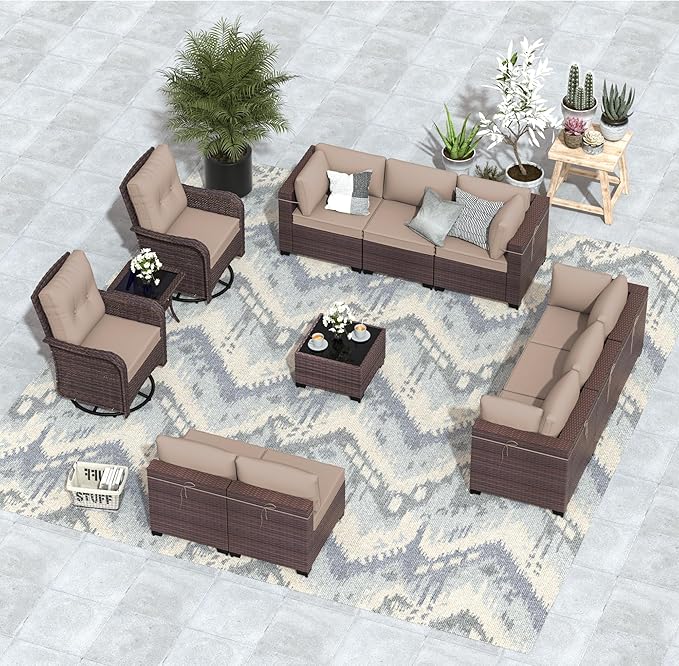 ALAULM 12 Pieces Patio Furniture Set with 2 Swivel Chairs Wicker Patio Conversation Set, Outdoor Sectional Furniture w/Coffee Table & Washable Seat Cushions-Sand
