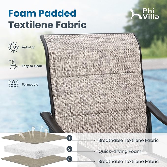 PHI VILLA 5 PCS Patio Dining Set, 4 Padded Swivel Dining Chairs & Square Brown Metal Slat Table Top with 1.57" Umbrella Hole, Outdoor Table and Chairs for All Weather
