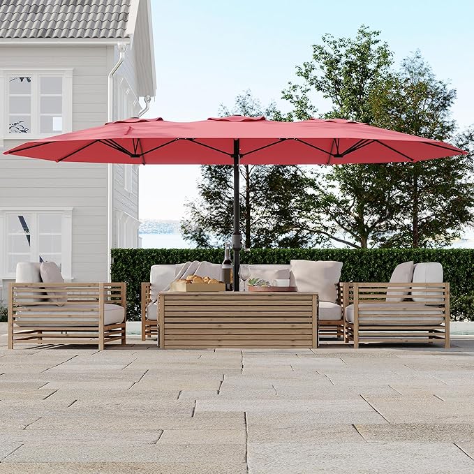 Double-Side Rectangular Pool Umbrella, 15ft Large Patio Umbrella with Base Included, Outdoor Market Umbrellas for Poolside Lawn Backyard
