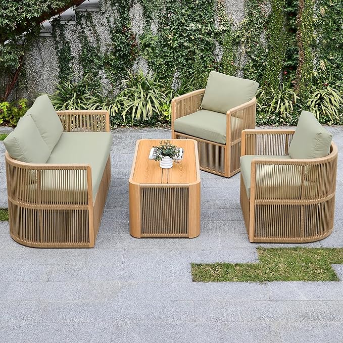 4 Piece Patio Furniture Set, Aluminum Patio Conversation Set, Rope Rattan Patio Sectional Sofa, All Weather Outdoor Sofa Couch with Coffee Table and Cushions for Lawn/Backyard/Deck, Green
