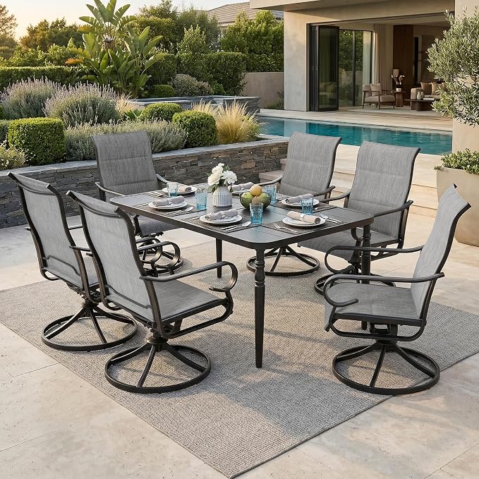 NUU GARDEN 7PCS Padded Textilene Outdoor Dining Set with Umbrella Hole, Powder-Coated Metal Frame Patio Dining Table and Chairs with Swivel Base, Patio Table and Chair Set, Turned Legs, Light Gray