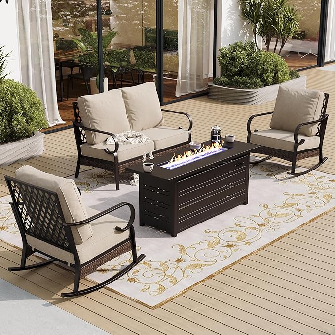 4 Piece Metal Outdoor Patio Furniture Sets with Firepit Table, Patio Conversation Sets 1 2-Seater Sofa, 2 Rocking Sofa with 5.75" Cushion Black Backyard Furniture for Deck, Beige