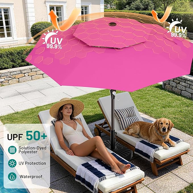 AreShark 9ft 2 Tiers Patio Umbrella - Outdoor Umbrella Waterproof UV Protection, Market Table Umbrella w/Push Button Tilt&Crank for Pool, Porch, Garden(Rose Pink)