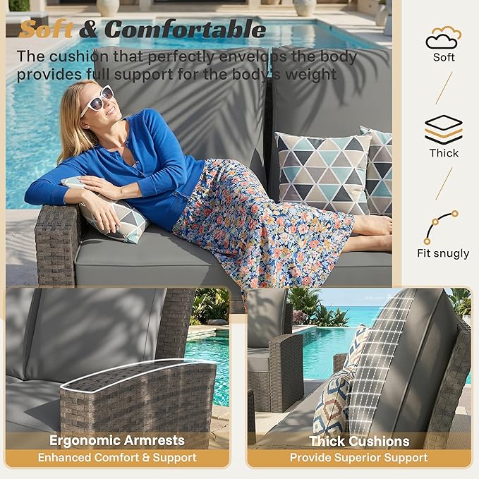 Outdoor Patio Furniture Set-6 All-Weather Wicker Outdoor Furniture with Patio Recliner Chairs Adjustable Back Outdoor Patio Conversation Sets for Garden Porch Deck Grey