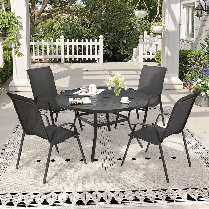 5 Pieces Outdoor Dining Set, 40.7" Spliced Patio Table with Umbrella Hole & Stackable Outdoor Dining Chairs, Patio Furniture Set for Deck Garden Porch, Black Chairs & Black Table