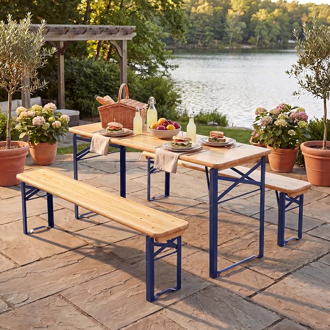 HONEY JOY Kids Picnic Table, 43.5 Inch Folding Toddler Outdoor Table & 2 Benches, Fir Wood Top & Metal Frame, No Assembly, Portable Easy to Store Camping Table and Chairs for Patio Backyard (Blue)