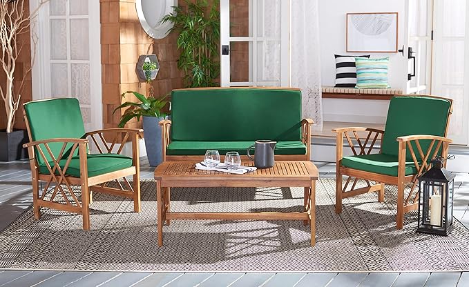 SAFAVIEH Outdoor Collection Fontana Natural/ Green Cushions 4-Piece Conversation Patio Set